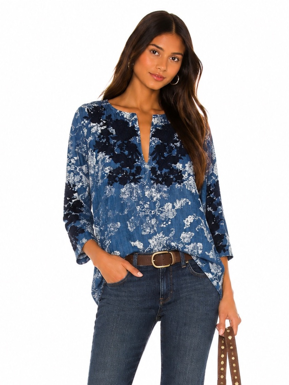 Chico’s Blue Floral Embroidered Tunic Top 3/4 Sleeve Boho Blouse Size 1
